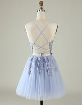 Wedding Flower, Light Purple Spaghetti Straps Short Homecoming Dress With Appliques